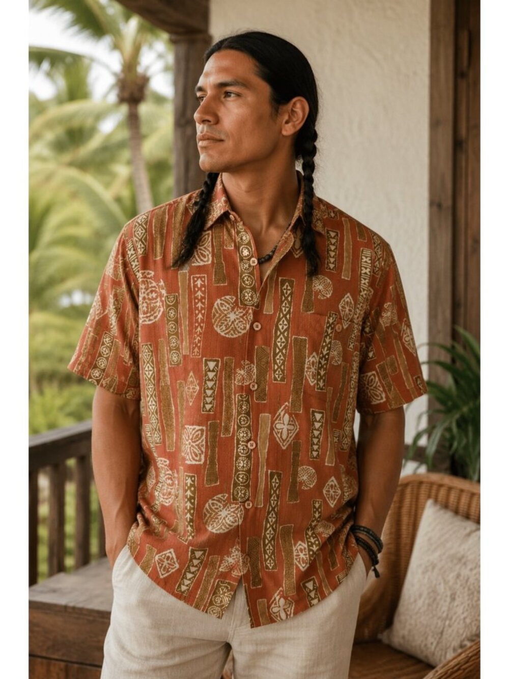 Tori Richard Honolulu Men’s Large Hawaiian Camp Shirt Tribal Print Cotton Blend
